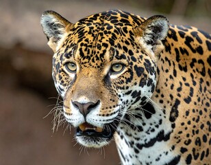 Obraz premium A close-up of a large wild cat with spotted fur, focused intently. The big cat has golden eyes and is the subject of a well-lit portrait