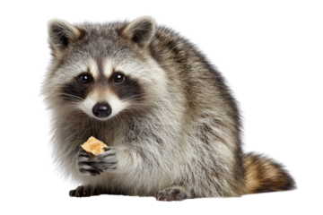 A curious raccoon sits upright, holding a light-colored snack in its dexterous paws against a transparent background, looking intently forward. background removed