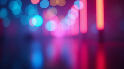 Blur color flare. Neon glow background. Bokeh radiance reflection. Defocused fluorescent blue pink light gleam on dark abstract overlay.