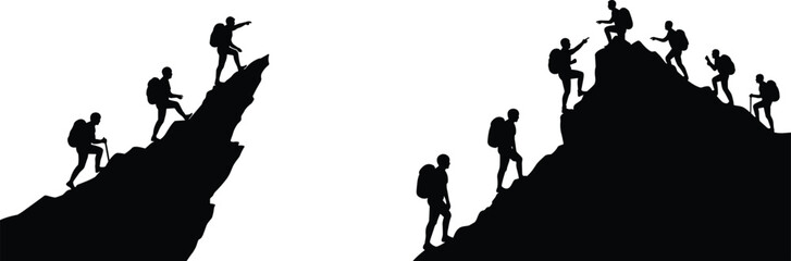 Hikers climbing mountain, teamwork adventure, outdoor trekking, group hiking silhouette, mountain peak ascent, nature challenge, backpack journey, wilderness exploration, unity strength