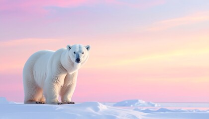 Polar Bear on Snowy Landscape at Sunrise.