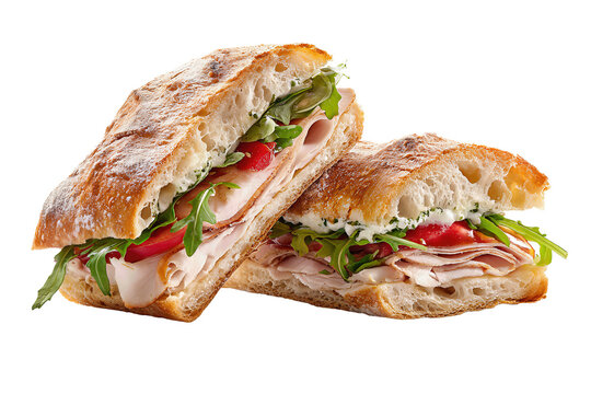 Artisan ciabatta sandwich featuring tender turkey slices, juicy tomatoes, peppery arugula, and basil-infused aioli, rustic flour top and airy bread texture, isolated on transparent background.
