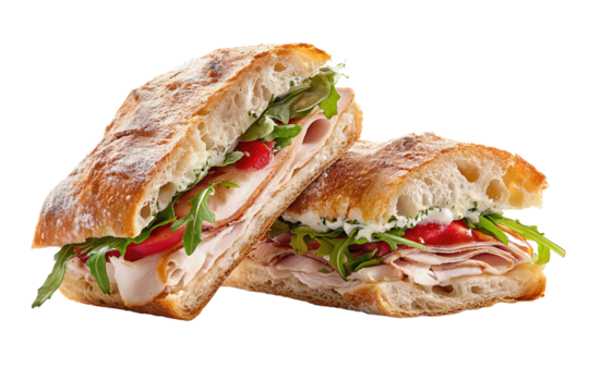 Artisan ciabatta sandwich featuring tender turkey slices, juicy tomatoes, peppery arugula, and basil-infused aioli, rustic flour top and airy bread texture, isolated on transparent background.

