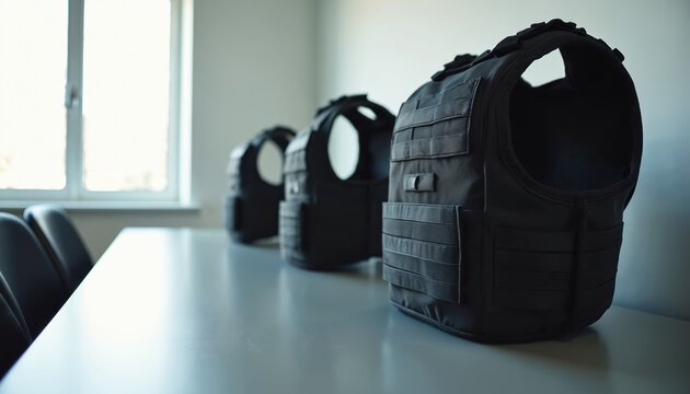 Three black body armor vests lined up on table in room. Tactical bulletproof vests offer protection. Ready for security, police, military personnel use. Essential law enforcement equipment.