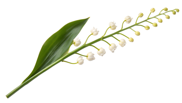 White lily of the valley flower with leaf and stem isolated on white background, a fresh sign of spring nature and botany beauty