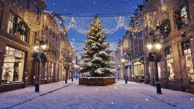 Enchanting European Christmas street scene with falling snow festive lights and a central