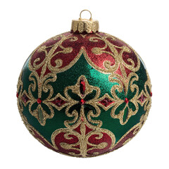 A festive green, red, and gold glitter Christmas bauble with intricate scrollwork and red jewel accents, perfect for holiday decor. background removed