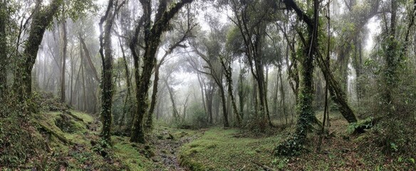 Obraz premium Dense, verdant forest scene with moss-covered trees, path disappearing into mist. Cloudy sky above