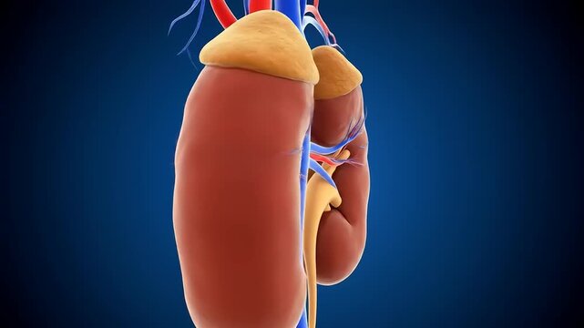 Detailed Medical Illustration of Human Kidneys and Associated Arteries.