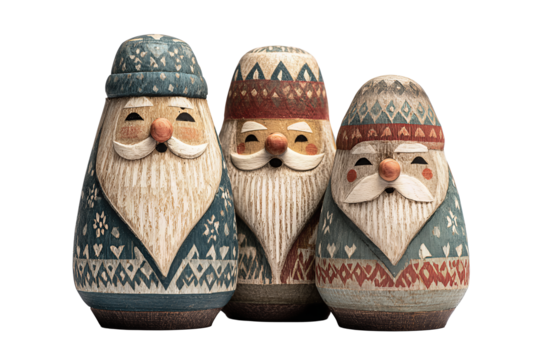 Three small wooden Santas featuring carved textures and colorful folk art paint, handcrafted feel with natural wood grain and cozy holiday warmth, isolated on transparent background.

