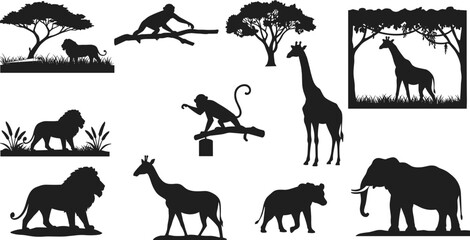 African wildlife silhouettes, lions, monkeys, giraffe, elephant, antelope, tree, jungle animals, nature scene, black silhouettes, forest creatures, wild animals, vector illustration, 