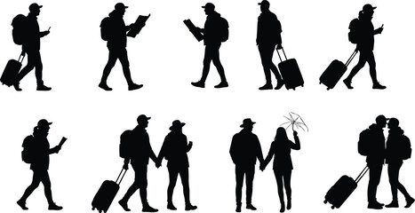 Travelers walking, airport silhouettes, people with luggage, travel lifestyle, backpackers, tourism, journey, vacation, transit, commuting, global travel, urban mobility