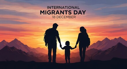 Family silhouette against sunset for international migrants day on december 18