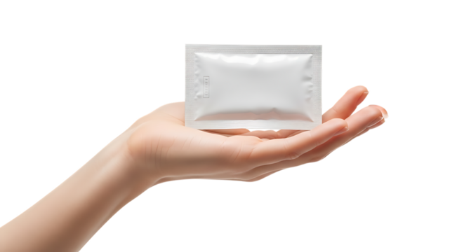 Hand holding a small silver packet isolated on transparent background