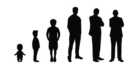 Stages of Human Life Cycle Silhouette Set Showing Growth from Baby to Adult, Aging Process, Evolution, and Family Concept Design.
