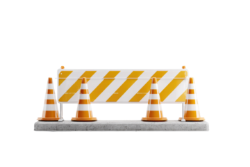 A white and orange striped road barrier with four traffic cones on a concrete base, signaling construction or caution. Isolated on black. background removed