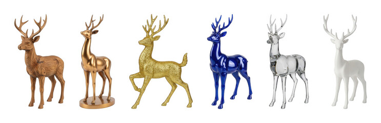 Deer figurine set including wood, metallic gold, glitter, glossy blue, clear glass, and matte white finishes isolated. Holiday home decor collection.