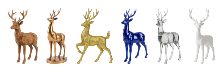 Deer figurine set including wood, metallic gold, glitter, glossy blue, clear glass, and matte white finishes isolated. Holiday home decor collection.