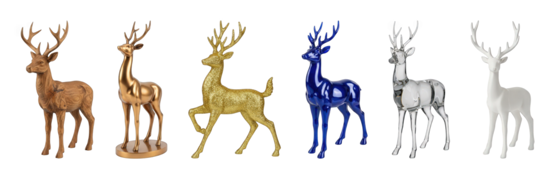 Deer figurine set including wood, metallic gold, glitter, glossy blue, clear glass, and matte white finishes isolated. Holiday home decor collection.