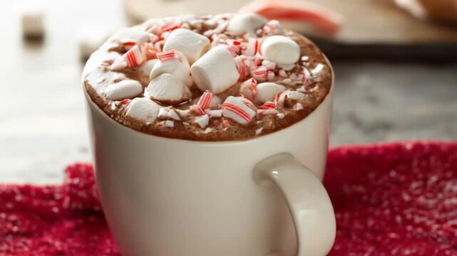 Creamy peppermint hot chocolate in a white mug, topped with festive marshmallows and candy canes.
