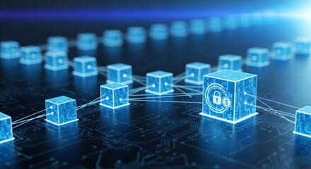 Digital cubes with security and money symbol on a circuit board, representing blockchain technology and secure cryptocurrency transactions for financial data.
