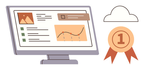 Computer screen with graph, photo, and ranked badge beside a cloud icon. Ideal for analytics, data management, performance tracking, success recognition, education, technology simple flat metaphor