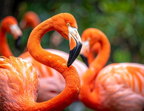 A close-up of three flamingos, focused on the lead bird's graceful, curved neck and vibrant, orange feathers. Background blurred - Powered by Adobe
