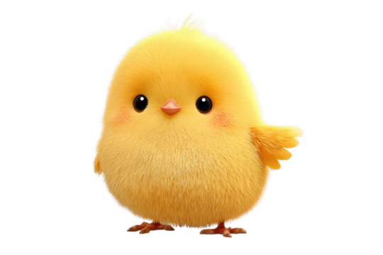 Adorable, fluffy, yellow cartoon chick with big expressive eyes, a tiny beak, and blush cheeks on a transparent background. background removed