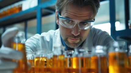 A focused Caucasian man in a lab coat examines bottles of craft beer in a brewery. He wears safety goggles and is surrounded by various amber-colored liquids.