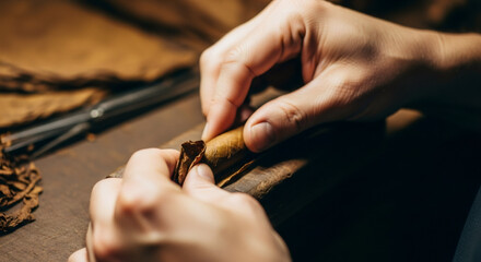 Fototapeta premium Man hands making cigar. Process of forming and rolling tobacco into handcrafted product. Traditional craftsmanship for smoking culture.