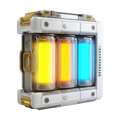 Futuristic sci-fi power cell with three glowing energy canisters (yellow, orange, blue) in a metallic, high-tech container, representing advanced technology. background removed