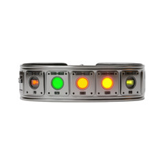 Obraz premium A futuristic silver segmented device featuring five illuminated circular and rectangular indicators in orange, green, and yellow, set against a transparent background. background removed