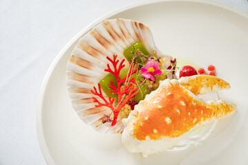 A stunning seafood dish features fresh scallops with vibrant garnishes and herbs