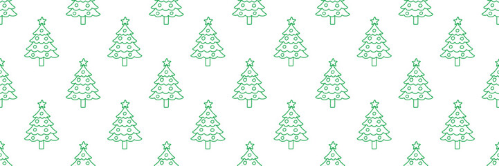 A repeating pattern of simple green Christmas trees, decorated with stars and ornaments. Ideal for festive and holiday-themed designs