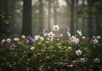 Close-up of delicate white and purple wildflowers blooming on a misty forest floor with soft light filtering through trees.
