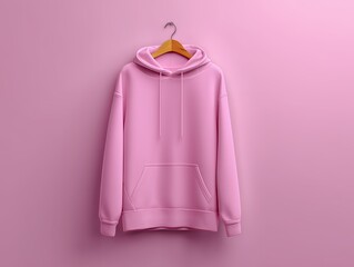 ピンクの壁にかけられたフード付きトレーナーがおしゃれに映えるミニマル構図