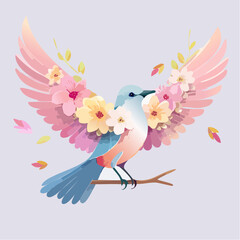 Enchanting illustration of a delicate blue bird with outstretched wings adorned with soft pink blossoms and falling leaves, perched on a thin branch against a pale lavender backdrop
