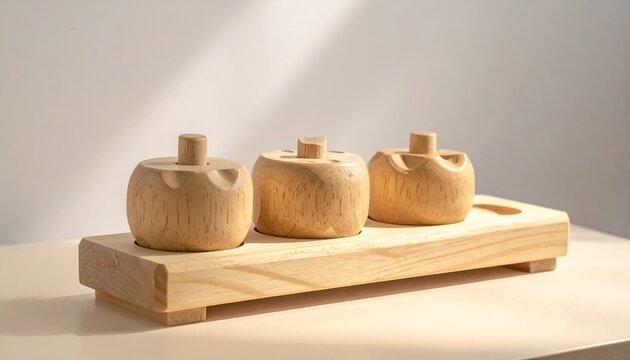 A close-up of three small, wooden containers with unique knobbed lids, arranged on a wooden tray against a neutral background