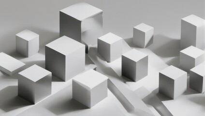 Abstract composition featuring white, geometric cubes arranged on a light surface with shadows