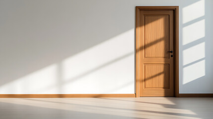 Fototapeta premium A wooden door stands in an interior room with sunlight filtering through a window, casting long shadows across the walls and floor. Modern home design.