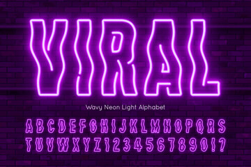 Neon light wavy alphabet, retro-futuristic extra bright letters.