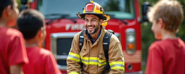 Firefighter interacts with kids near fire truck. Smiling man in uniform teaches children about fire safety. Happy fireman presents his job, answers questions and shares experience with youth.
