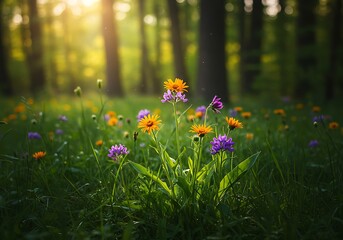Obraz premium Vibrant wildflowers blooming in a sun-dappled forest clearing with soft light filtering through the trees.