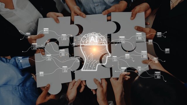 A diverse group of individuals collaboratively holding puzzle pieces, symbolizing teamwork and the integration of artificial intelligence in innovative solutions for modern challenges. Raster - Powered by Adobe