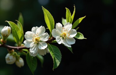Fototapeta premium White blossoms on tree branch against dark background. Green leaves and buds emerge around delicate petals and yellow stamens. Springtime renewal, floral beauty, natural elements.
