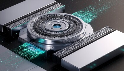 Advanced Digital Core with Glowing Circuitry and Binary Code: Concept of Modern Data Processing