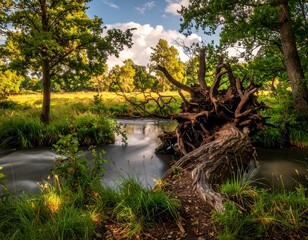 Tranquil Forest Stream with Fallen Tree Roots.