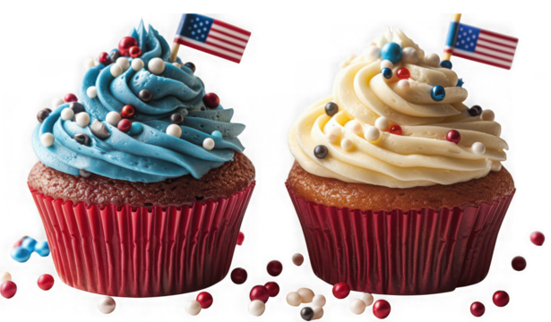 Two patriotic cupcakes isolated on transparent background, adorned with american flags and colorful sprinkles, perfect for celebrating independence day with sweet treats