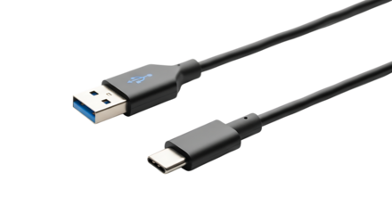 Usbc to usba cable for data transfer and charging, isolated on transparent background