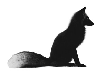 Obraz premium A stunning black fox silhouette with a prominent white-tipped tail sits gracefully, depicted against a dark, mysterious background. background removed